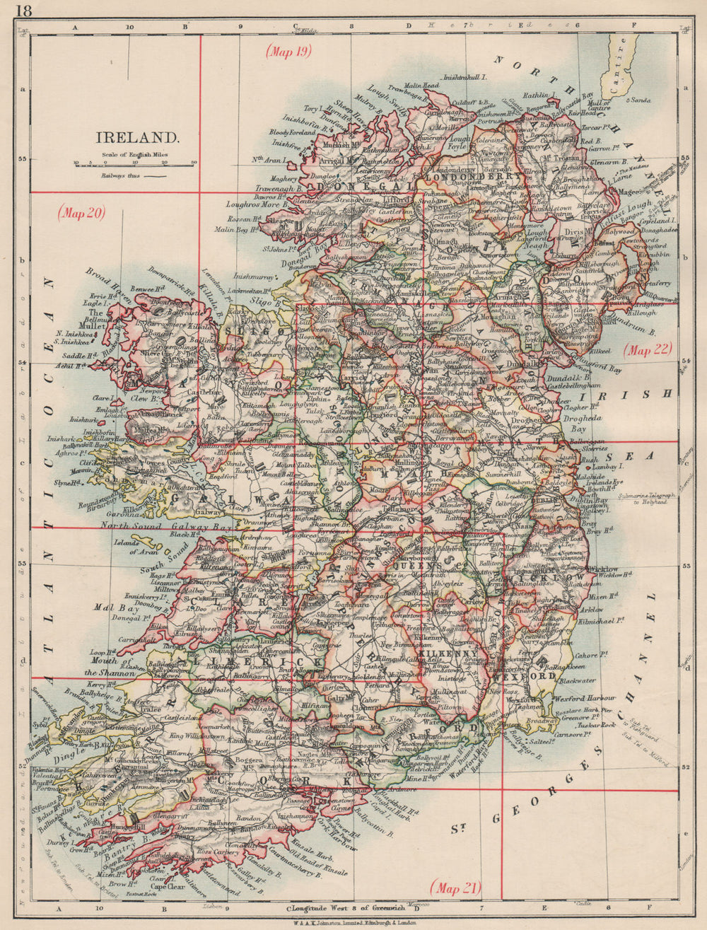 IRELAND. Showing counties. Undersea telegraph cables.  JOHNSTON 1903 old map