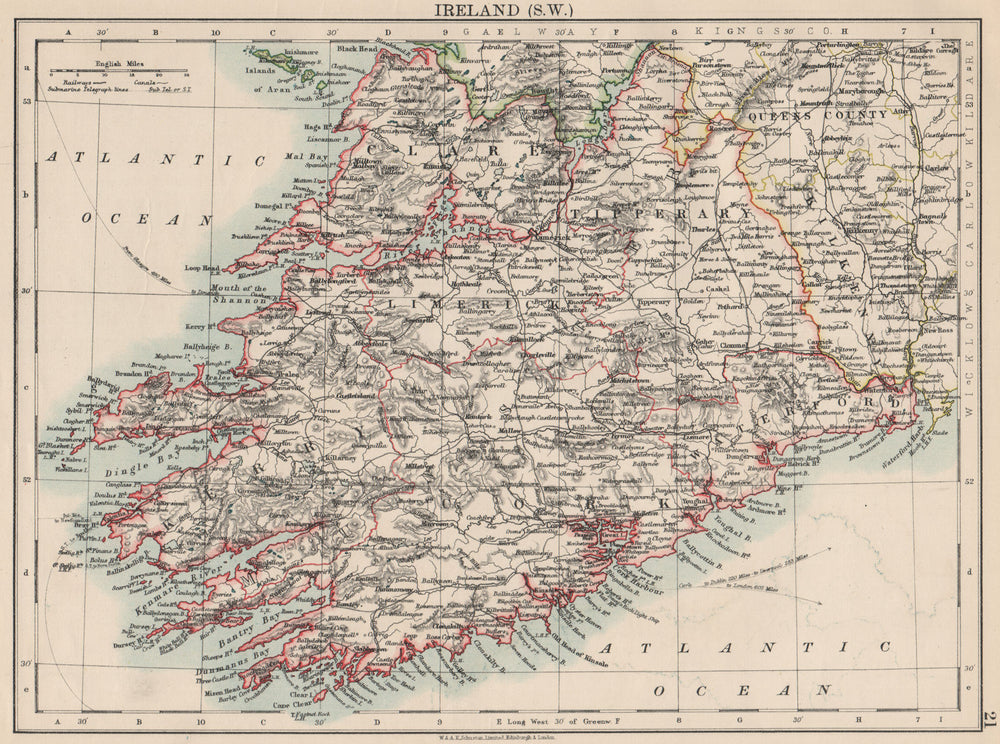 MUNSTER.  Clare Cork Kerry Limerick Waterford &c.SW Ireland. JOHNSTON 1903 map