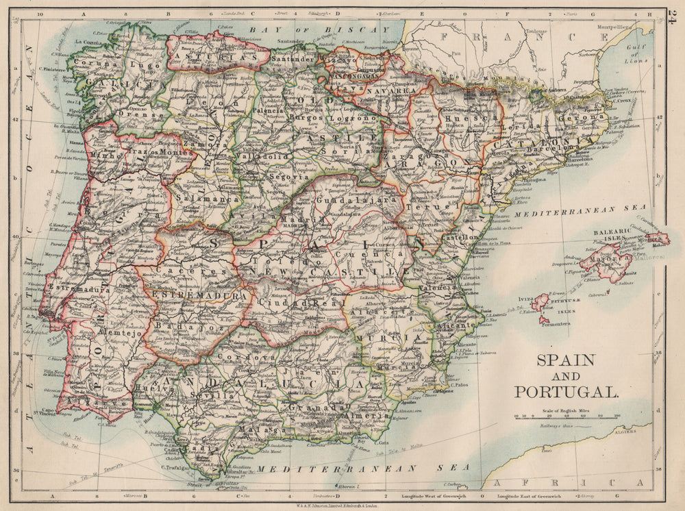 SPAIN AND PORTUGAL. Iberia. Provinces railways. Balearics.  JOHNSTON 1903 map