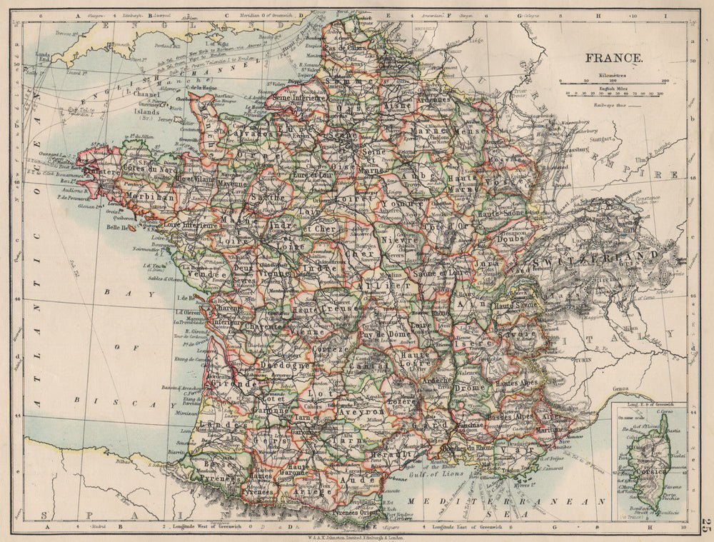 FRANCE. German Alsace & Lorraine. Undersea telegraph cables. JOHNSTON 1903 map