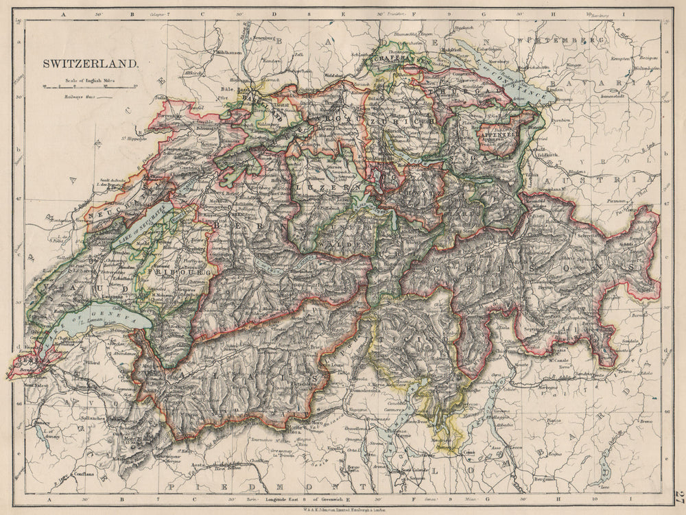 SWITZERLAND. Shows cantons & railways. Alps. Italian lakes. JOHNSTON 1903 map