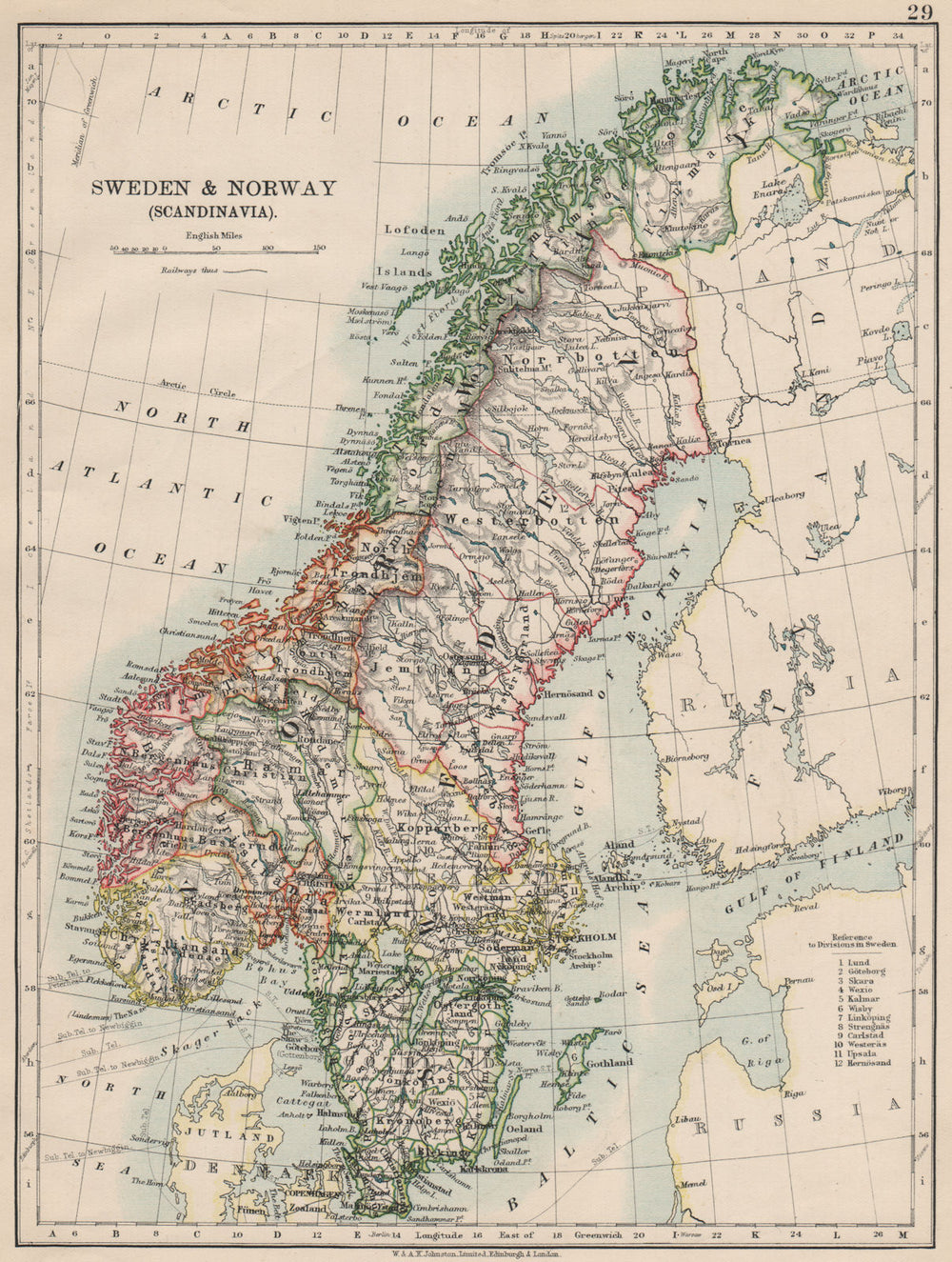 SCANDINAVIA. Sweden Norway.Railways Undersea telegraph cables. JOHNSTON 1903 map