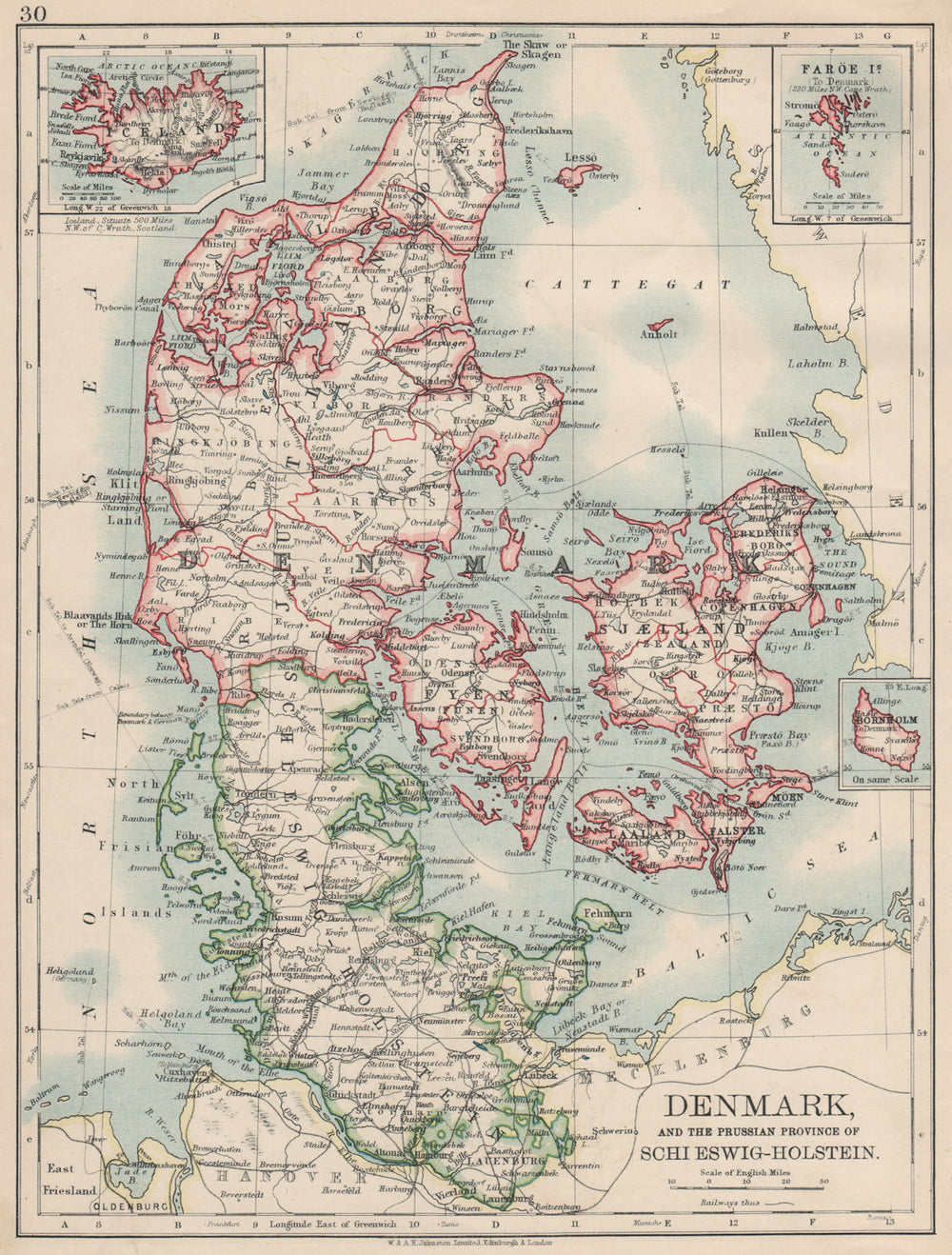 DENMARK SLESVIG-HOLSTEN. Prussian Schleswig-Holstein. JOHNSTON 1903 old map