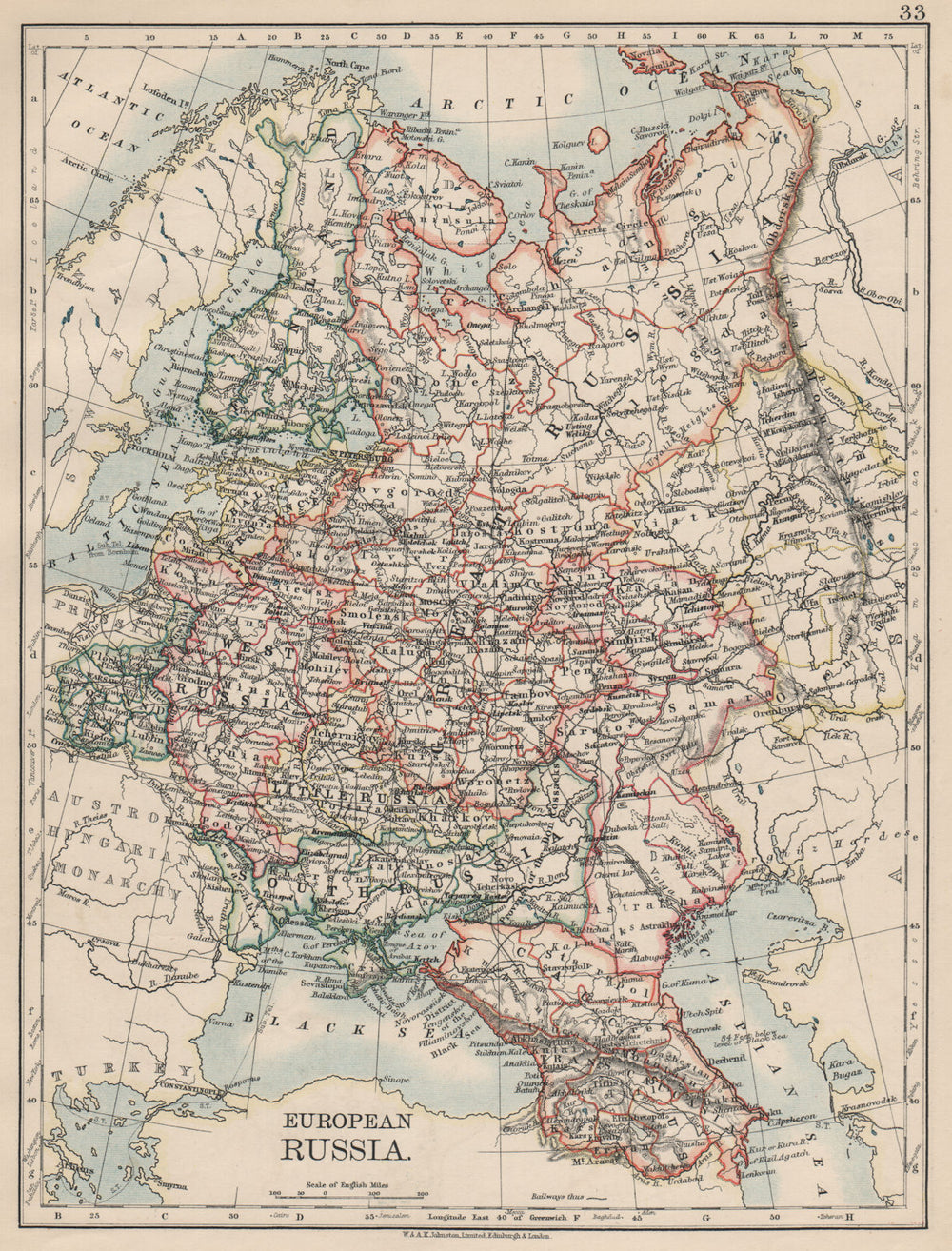 EUROPEAN RUSSIA. Shows Great/Little/West/South Russia.Poland.JOHNSTON 1903 map