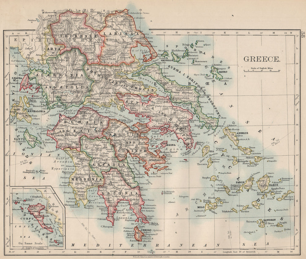GREECE. Morea Thessaly Rumelia Cyclades Aegean Ionian Islands. JOHNSTON 1903 map
