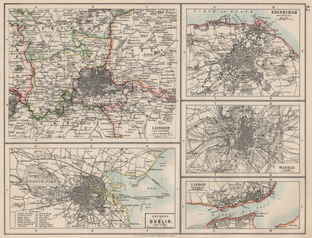 EUROPEAN CITIES. London Edinburgh Madrid Lisbon Dublin. JOHNSTON 1903 old map