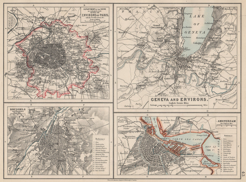 EUROPEAN CITIES. Environs of Paris Brussels Amsterdam Geneva.JOHNSTON 1903 map
