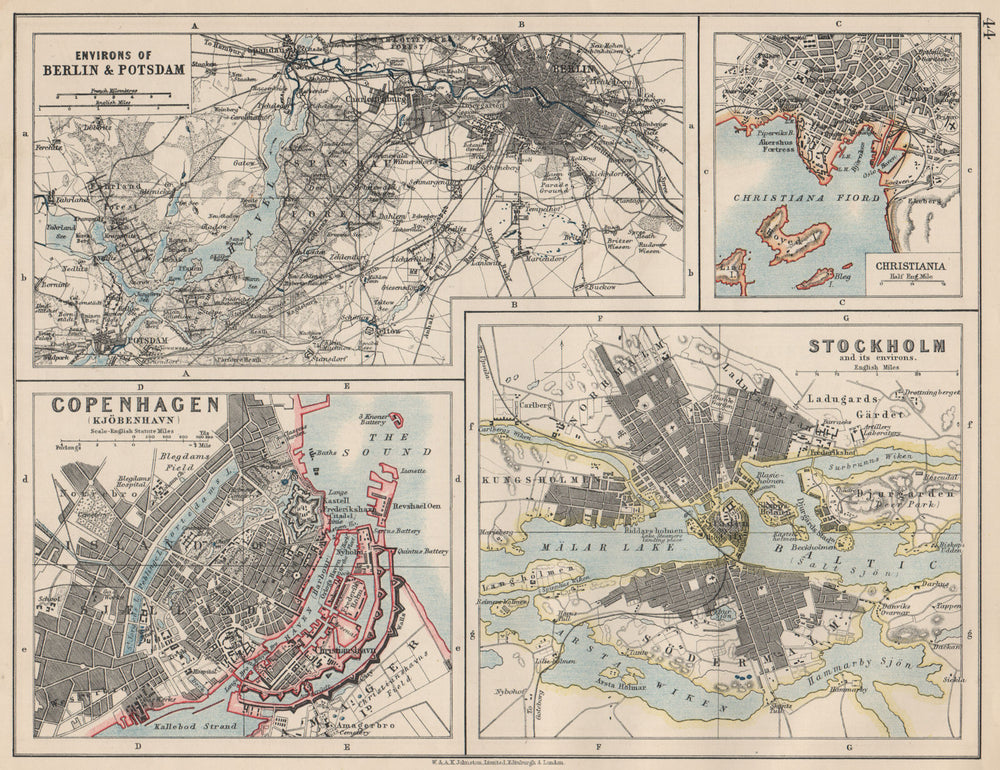 EUROPEAN CITIES. Berlin Copenhagen Stockholm Christiania/Oslo. JOHNSTON 1903 map
