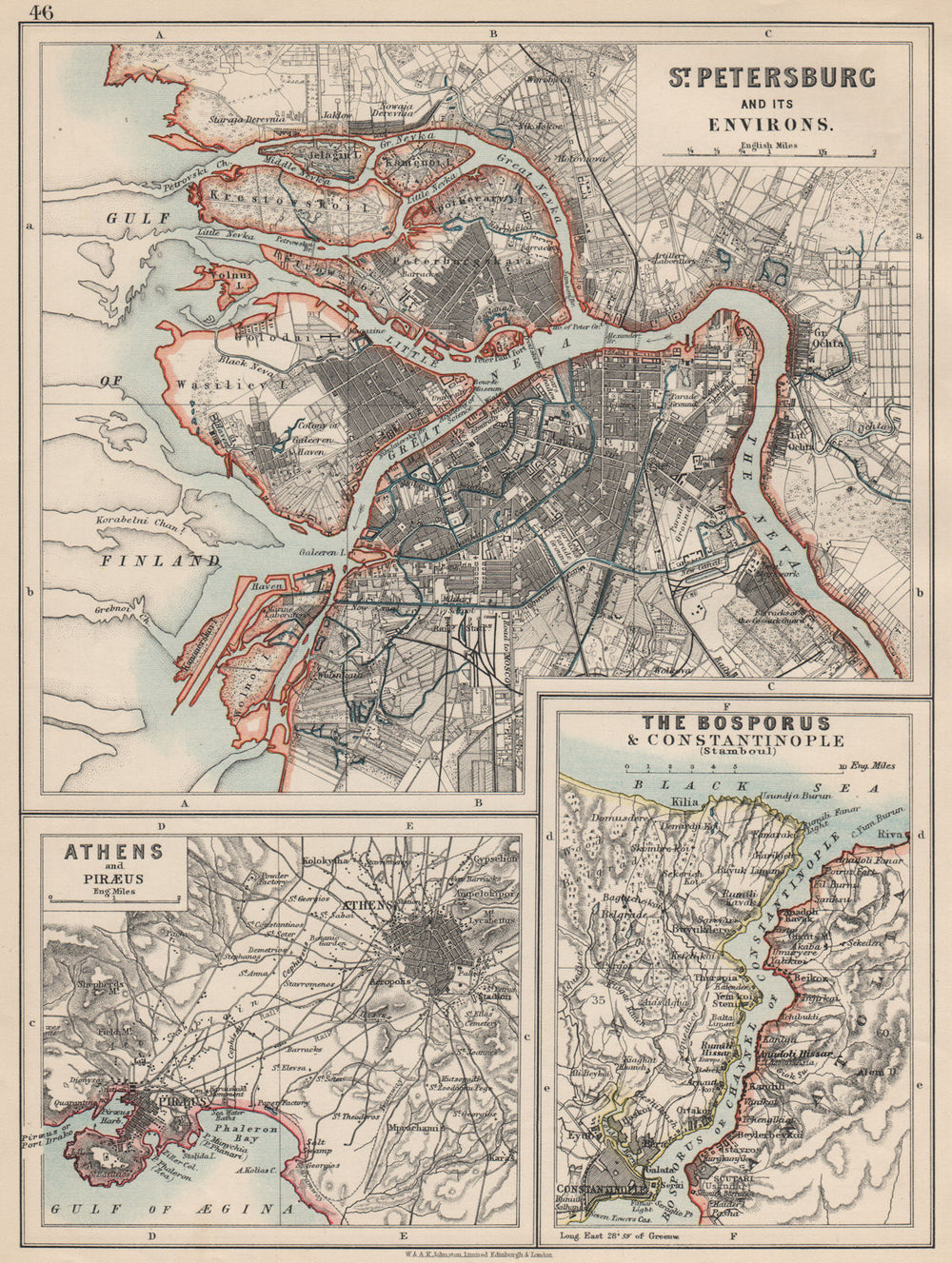 EUROPE. St Petersburg Athens Piraeus Constantinpole Bosphorus. JOHNSTON 1903 map