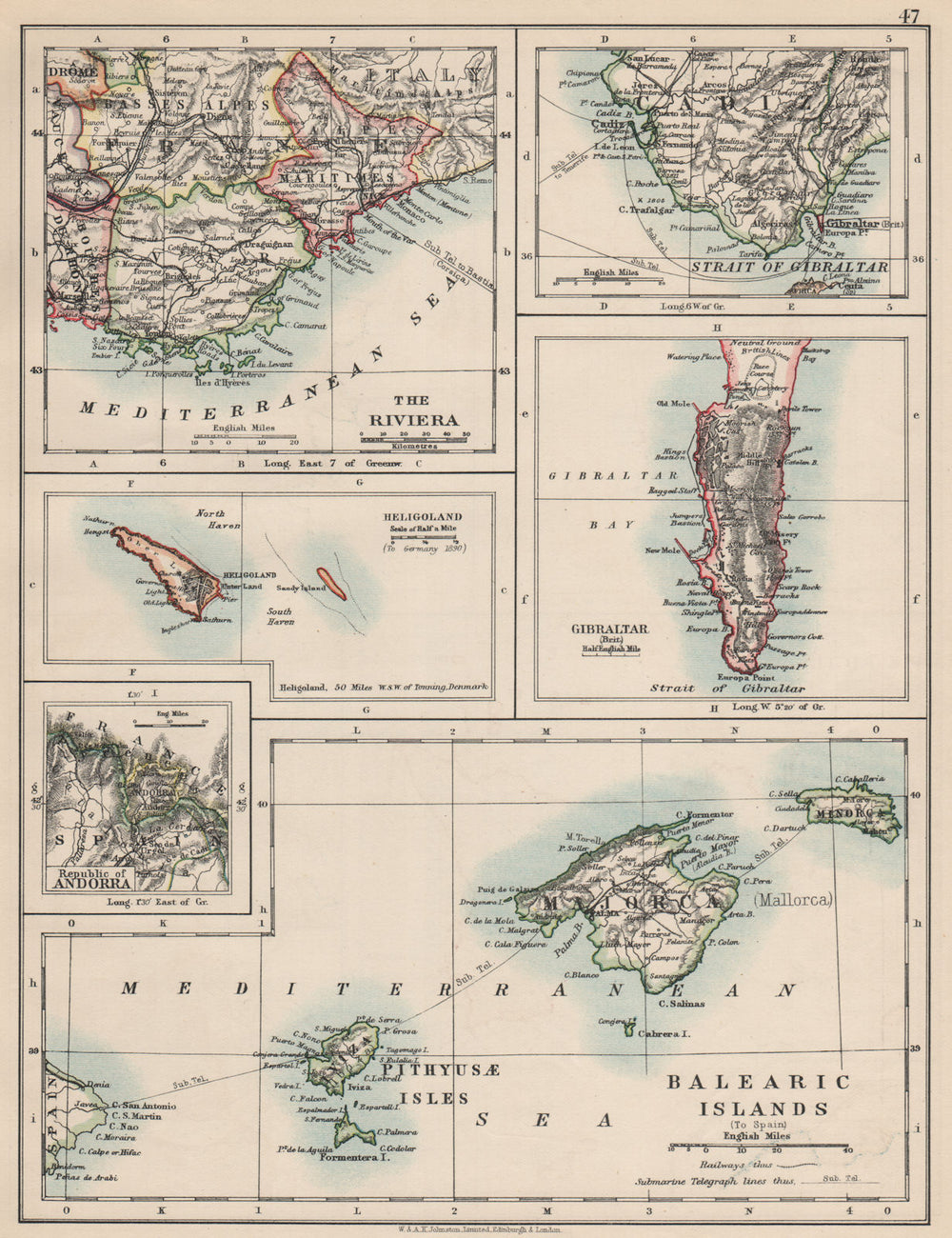 EUROPE.Balearic islands.Heligoland Gibraltar Andorra Riviera.JOHNSTON 1903 map