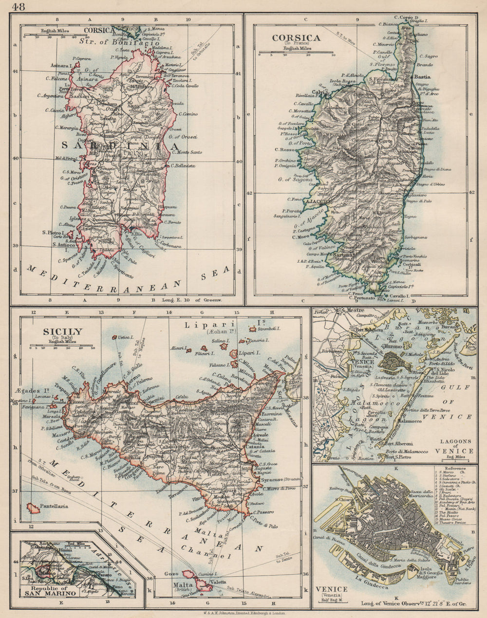 MEDITERRANEAN ISLANDS. Sardinia Corsica Venice Sicily Venezia. JOHNSTON 1903 map