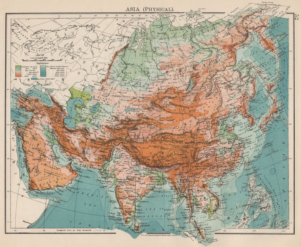 ASIA PHYSICAL. Relief Mountain heights Ocean depths Rivers. JOHNSTON 1903 map