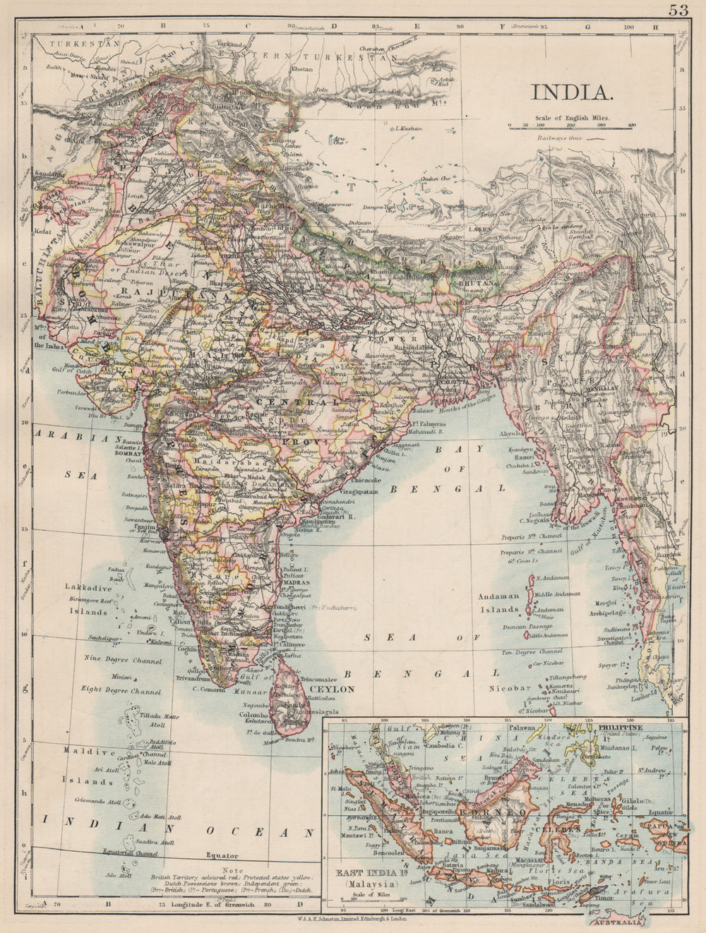 BRITISH INDIA. Showing states. Burma Nepal Bhutan Ceylon.  JOHNSTON 1903 map