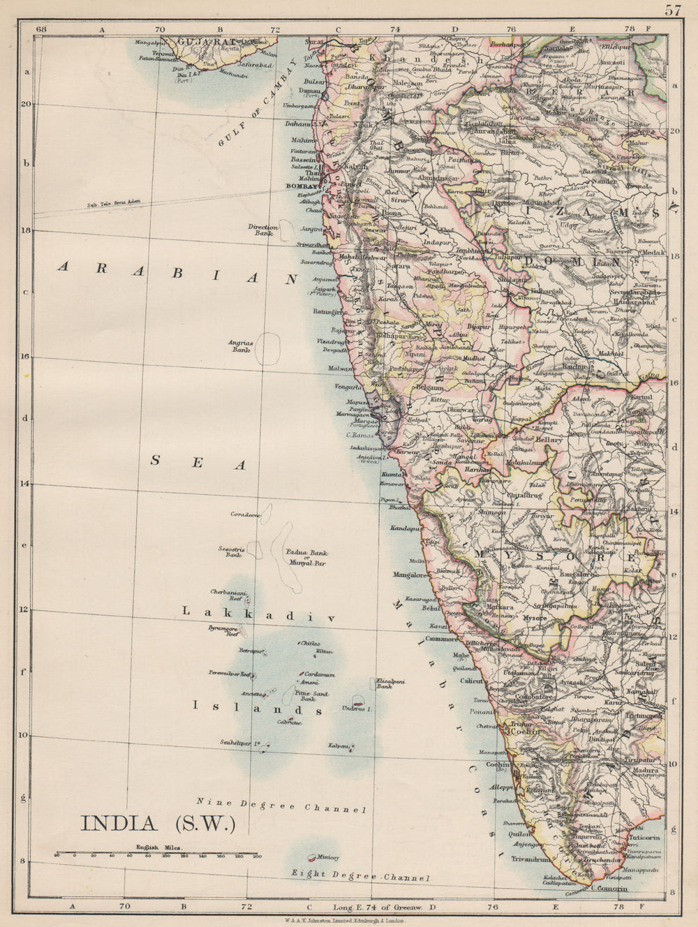 BRITISH INDIA SW.Bombay Mysore Malabar Coast Lakkadives.  JOHNSTON 1903 map