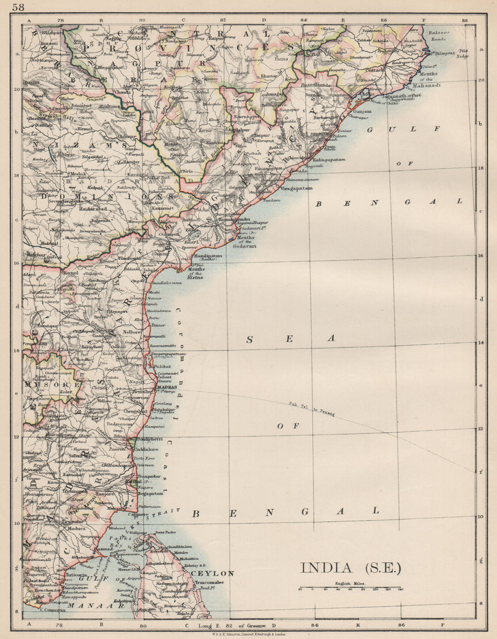 BRITISH INDIA SE.Madras Karnatak. French Karikal Pondicherry.JOHNSTON 1903 map