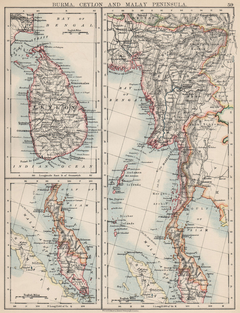 BURMA CEYLON SIAM MALAY PENINSULA. Assam Singapore Thailand 1903 old map