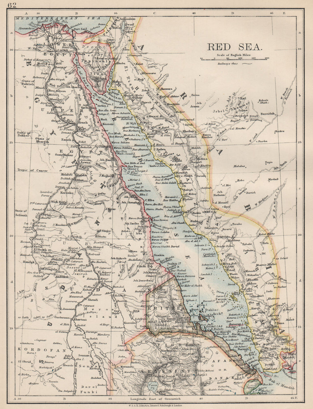 RED SEA. Egypt Eritrea Hedjaz Asir Yemen. Nile valley. Sinai.  JOHNSTON 1903 map