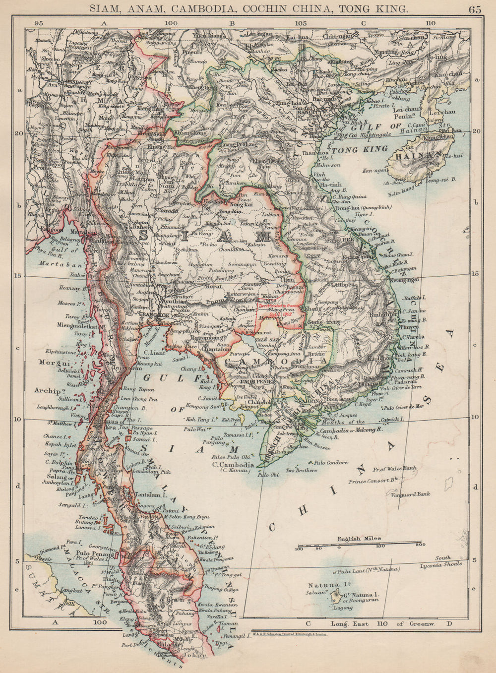 INDOCHINA.Siam with British & French spheres. Burma Cambodia Anam  1903 map