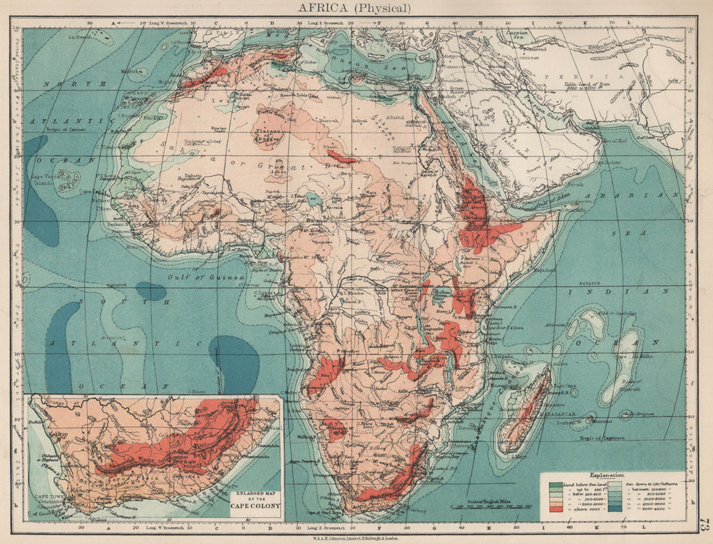 AFRICA PHYSICAL. Relief ocean depths rivers. JOHNSTON 1903 old antique map