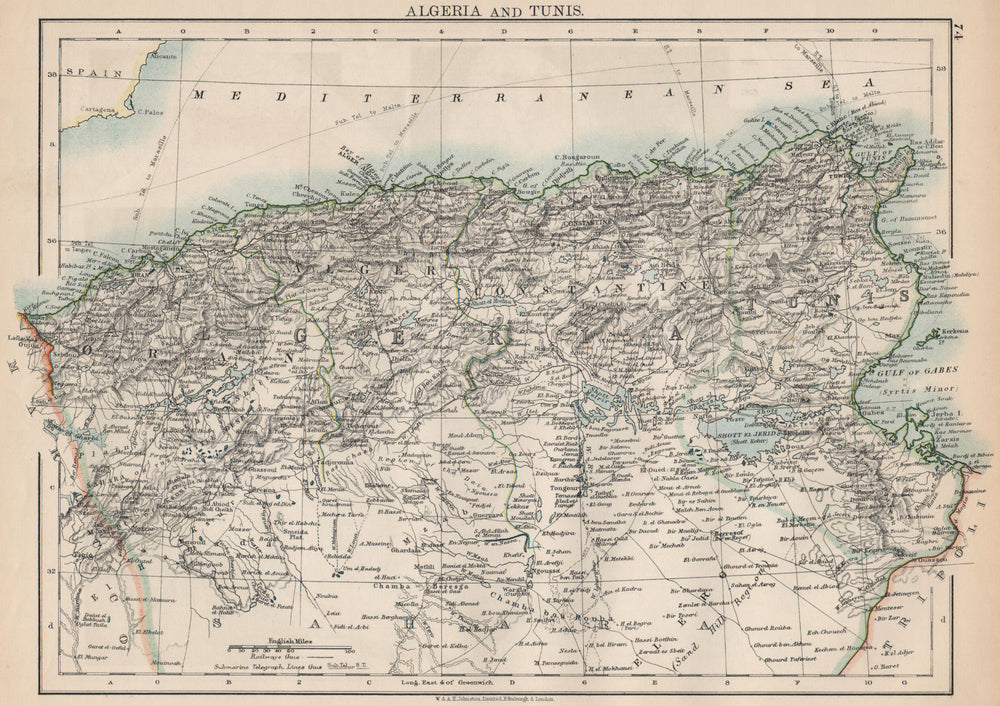 ALGERIA & TUNIS. Maghreb Tunisia. Provinces. Telegraph cables. JOHNSTON 1903 map