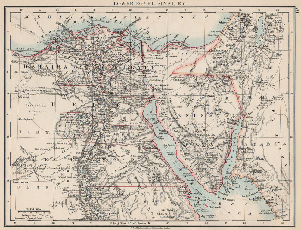 LOWER EGYPT & SINAI. Provinces. Nile valley/delta. Railways.  JOHNSTON 1903 map