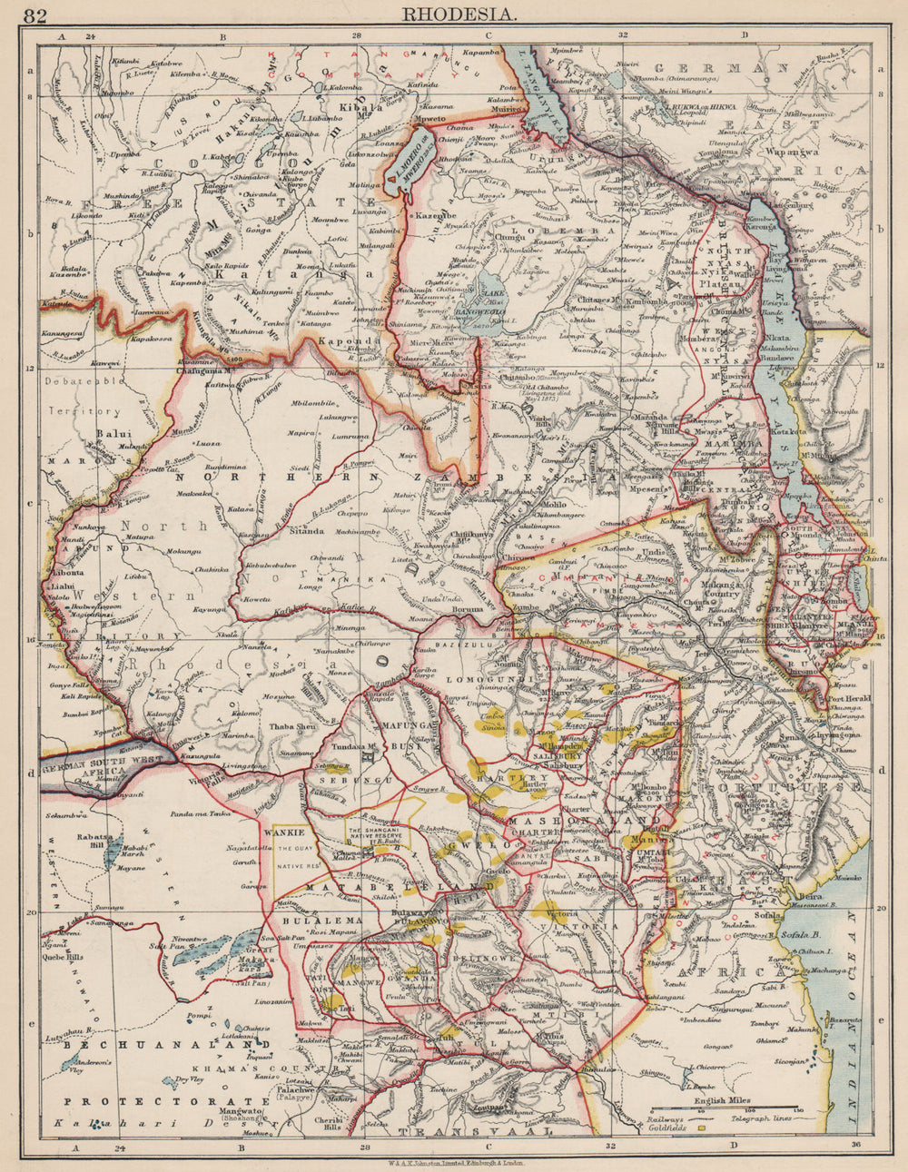 RHODESIA. Goldfields (yellow). Zambesia. Zambia Malawi Zimbabwe 1903 map