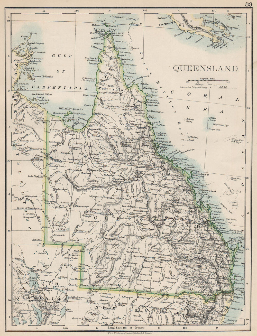 QUEENSLAND. State map Brisbane Gold Coast Railways. Australia. JOHNSTON 1903