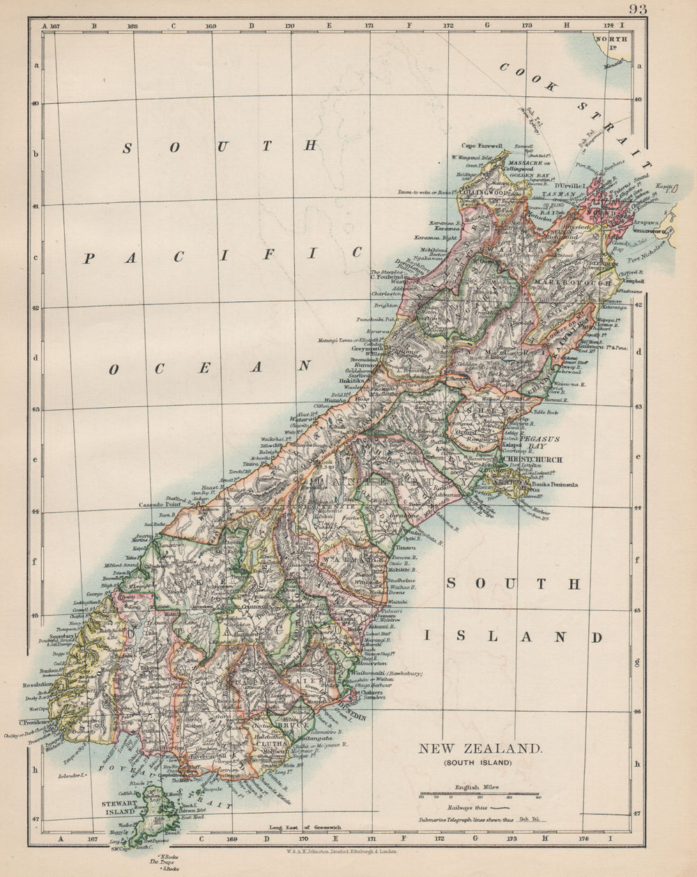 SOUTH ISLAND NEW ZEALAND. Showing counties. Telegraph cables.  JOHNSTON 1903 map