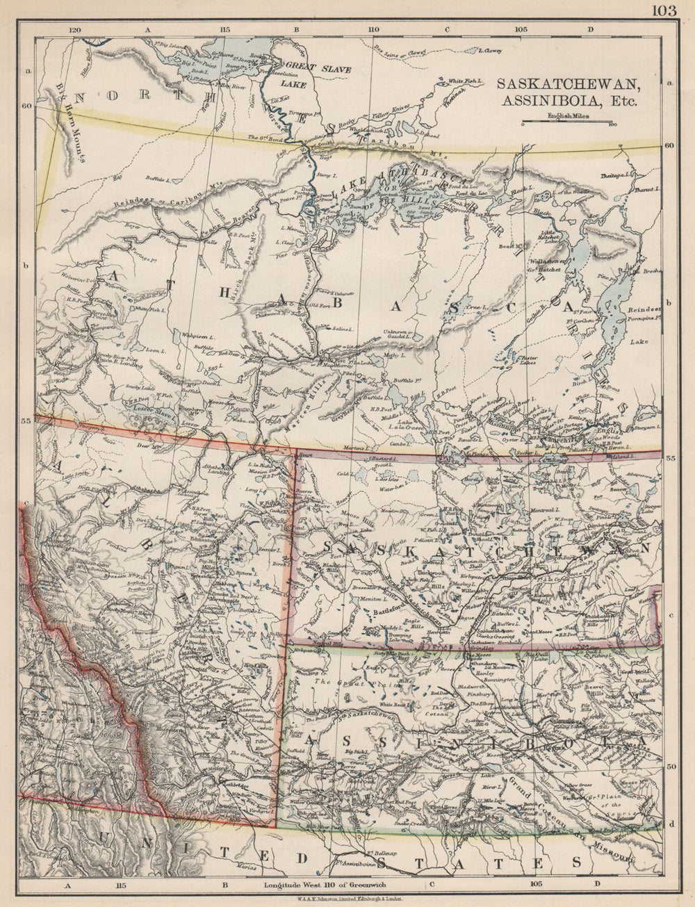 CANADA PRAIRIES. Alberta Saskatchewan Assiniboia Athabasca. JOHNSTON 1903 map