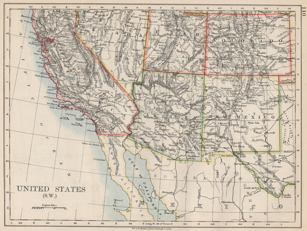 USA SOUTH WEST. California Arizona NM Colorado Utah Nevada.  JOHNSTON 1903 map