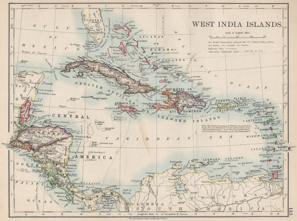 WEST INDIA ISLANDS. Caribbean Lucayas Caribbee Cuba. JOHNSTON 1903 old map