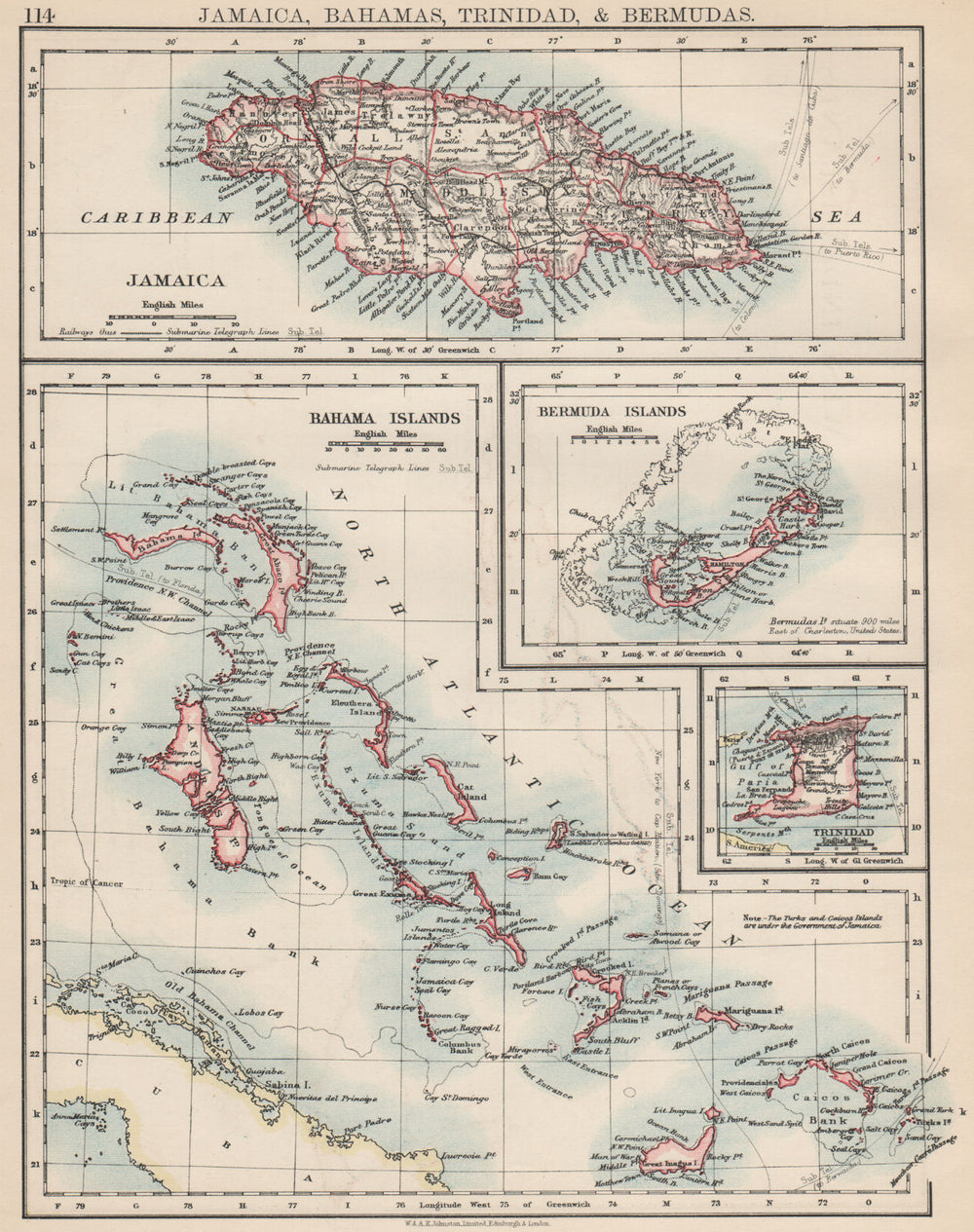 CARIBBEAN/ATLANTIC ISLANDS.Jamaica Bermuda Bahamas Trinidad.  JOHNSTON 1903 map