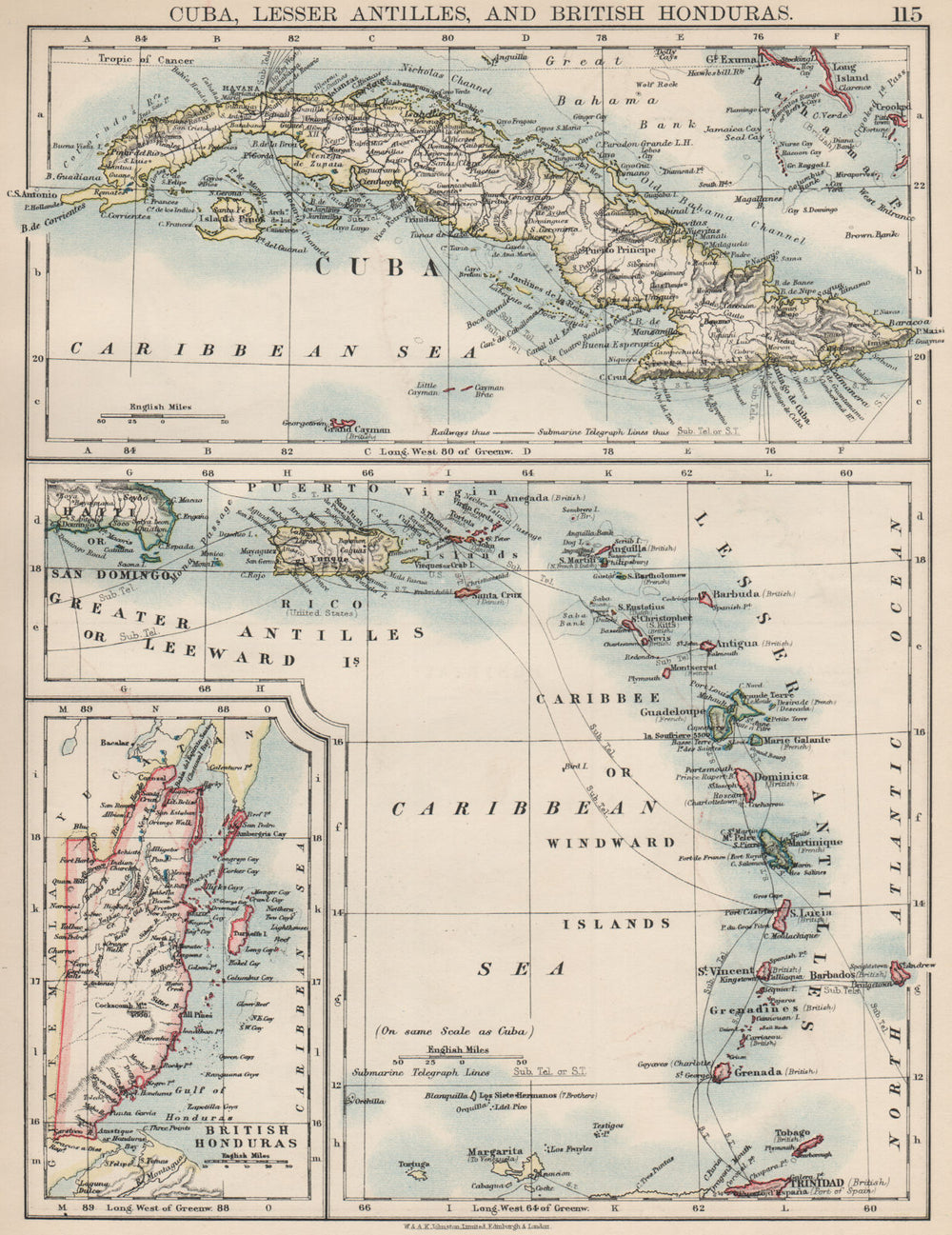 CARIBBEAN ISLANDS.Cuba British Honduras Caribbee/Windward. JOHNSTON 1903 map