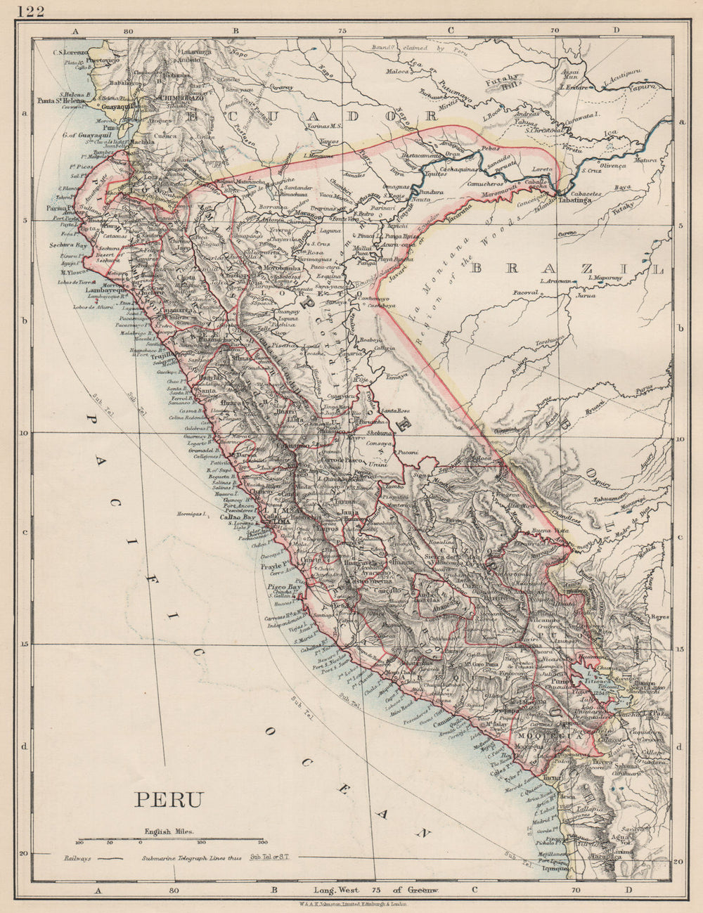 PERU. Border as before Peru-Ecuador war (1941). JOHNSTON 1903 old antique map