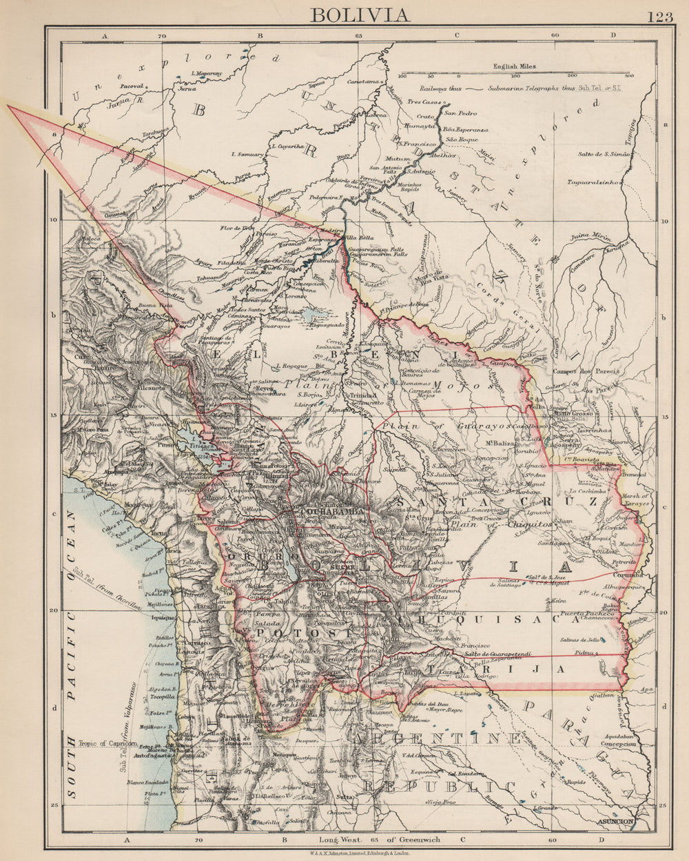 BOLIVIA. includes Acre, lost to Brazil in 1899-1903 war. JOHNSTON 1903 old map