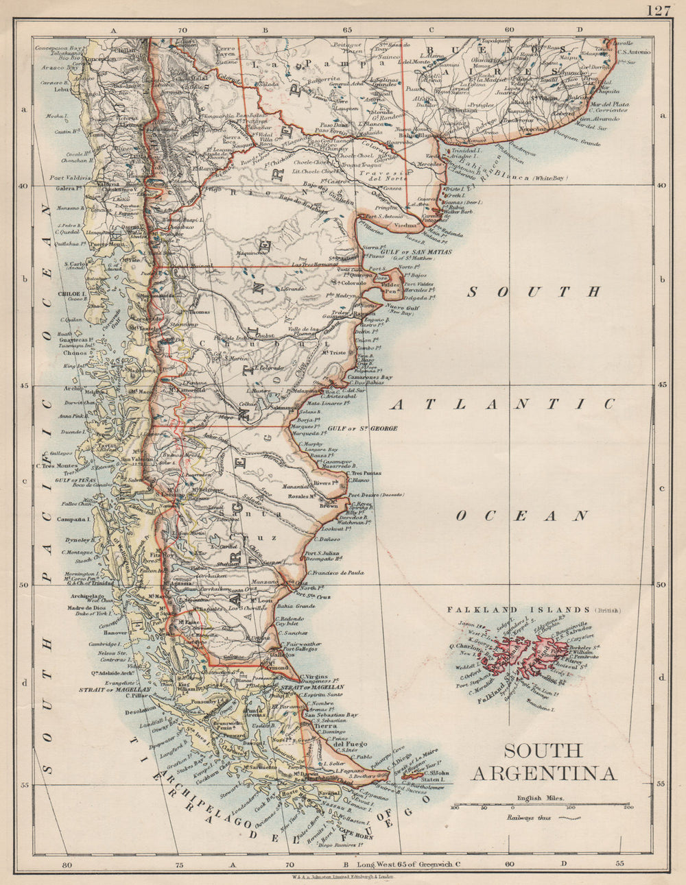 PATAGONIA. Southern Argentina & Chile. Falkland Islands. JOHNSTON 1903 old map