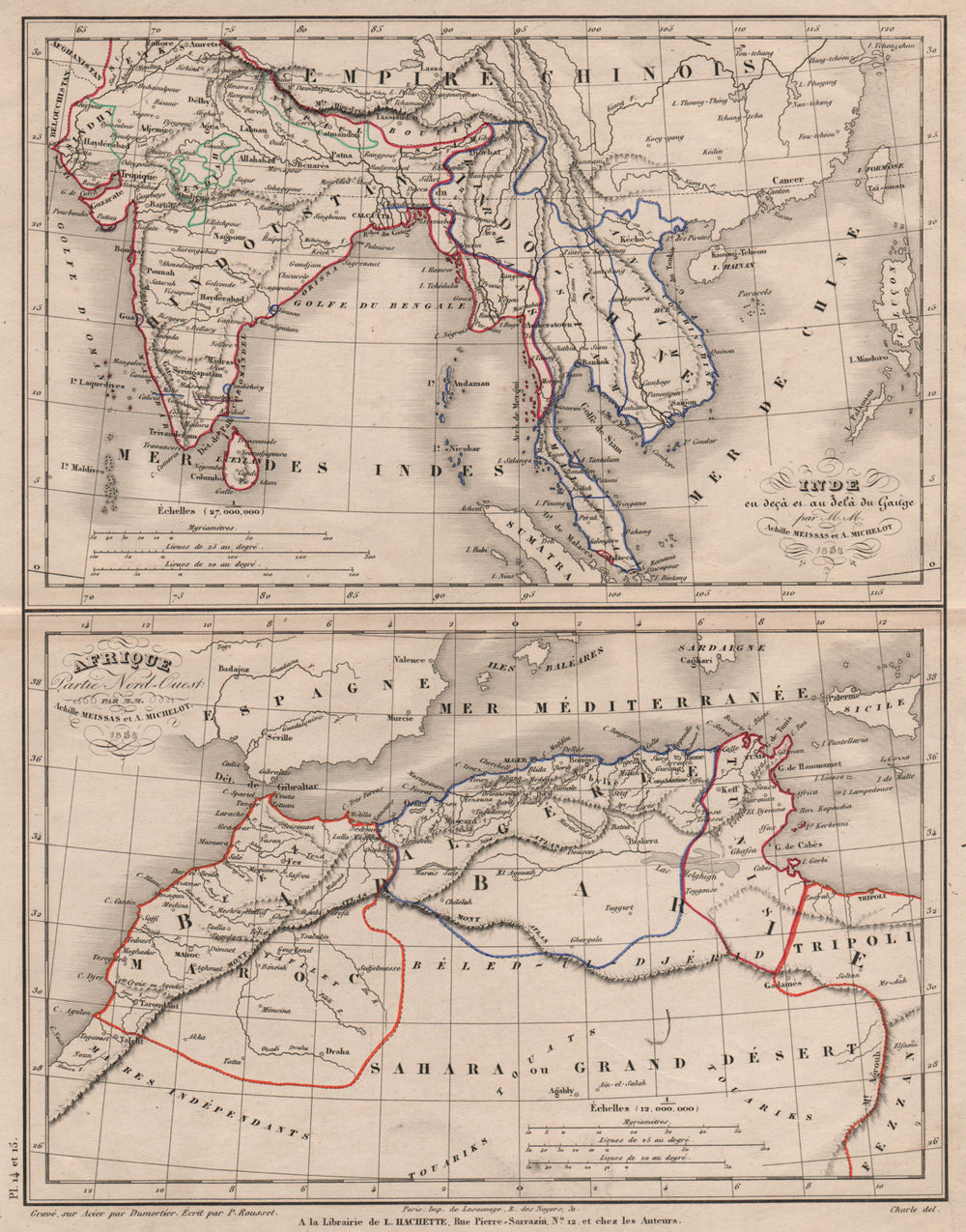 Afrique…Nord-Ouest' & 'Inde' by Meissas. N Africa India Singapore 1861 old map
