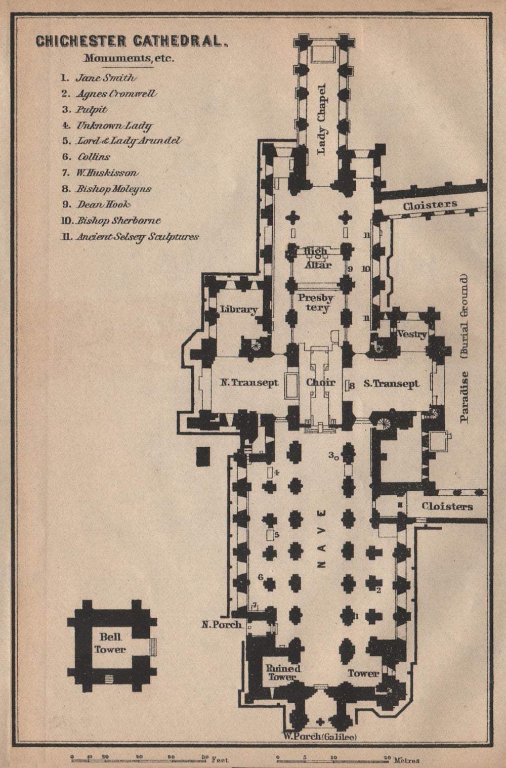 CHICHESTER CATHEDRAL floor plan. Sussex. BAEDEKER 1906 old antique map chart