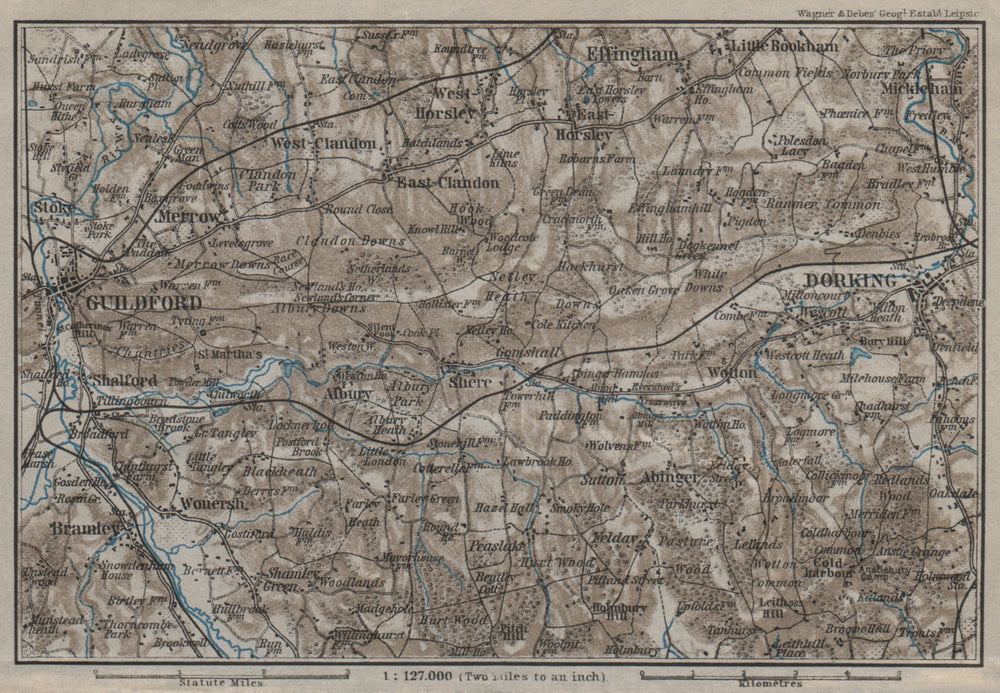 DORKING & GUILDFORD environs. North Downs. Surrey. BAEDEKER 1906 old map