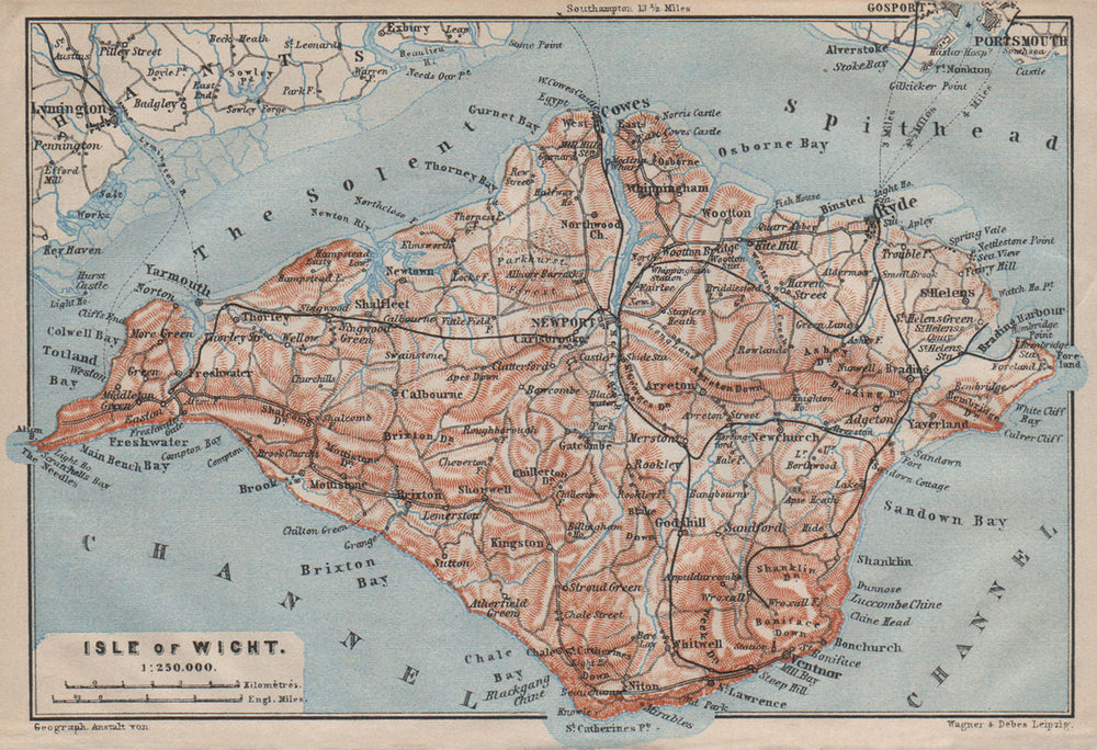 ISLE OF WIGHT showing railway network. BAEDEKER 1906 old antique map chart