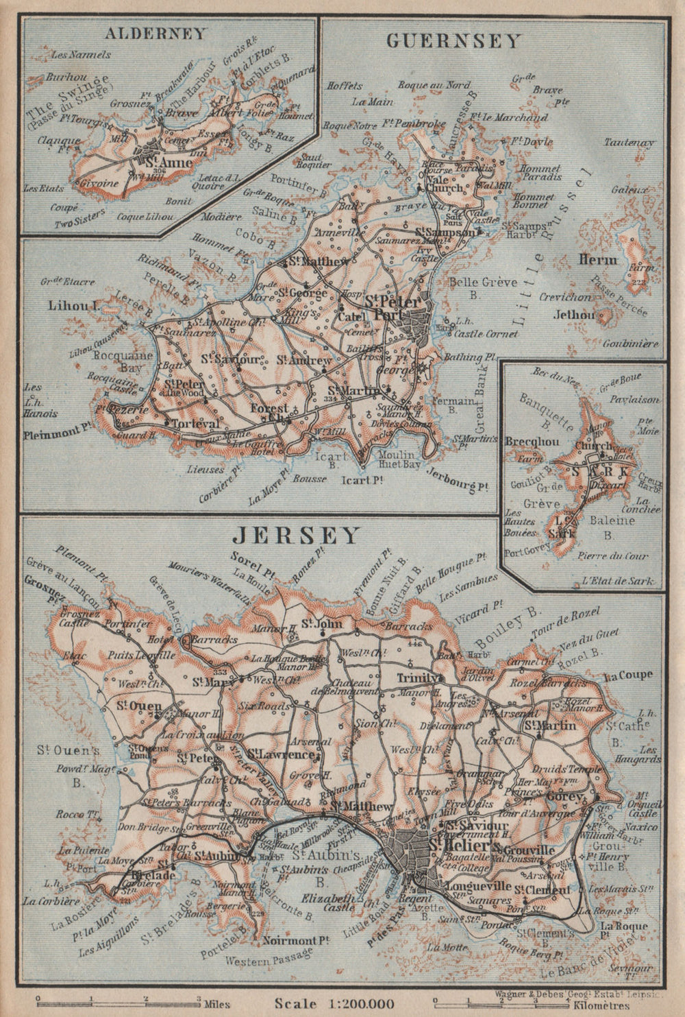 THE CHANNEL ISLANDS. Guernsey Jersey Alderney Sark. BAEDEKER 1906 old map