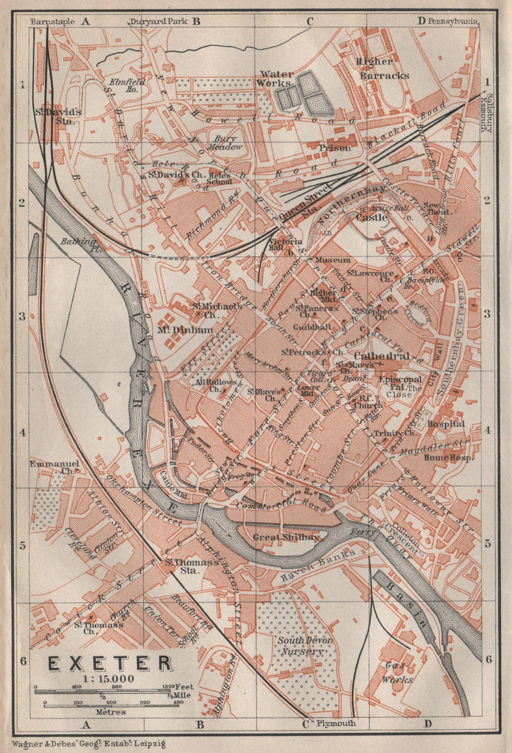 EXETER antique town city plan. Devon. BAEDEKER 1906 old map chart ...