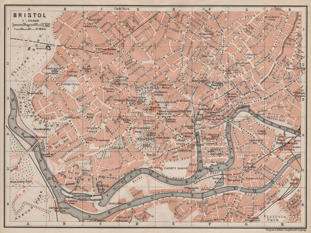 BRISTOL town city plan. Clifton Redcliffe Hotwells Brandon Broadmead 1906 map