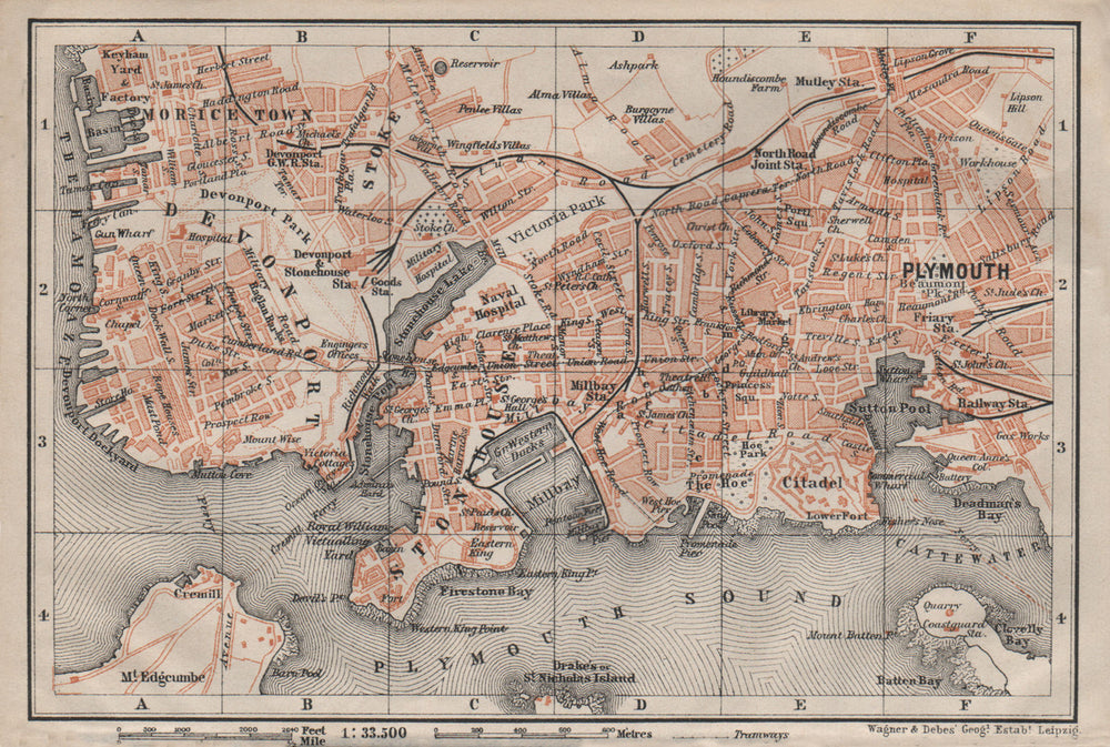 PLYMOUTH town city plan. Stonehouse Stoke Devonport Morice Town 1906 old map