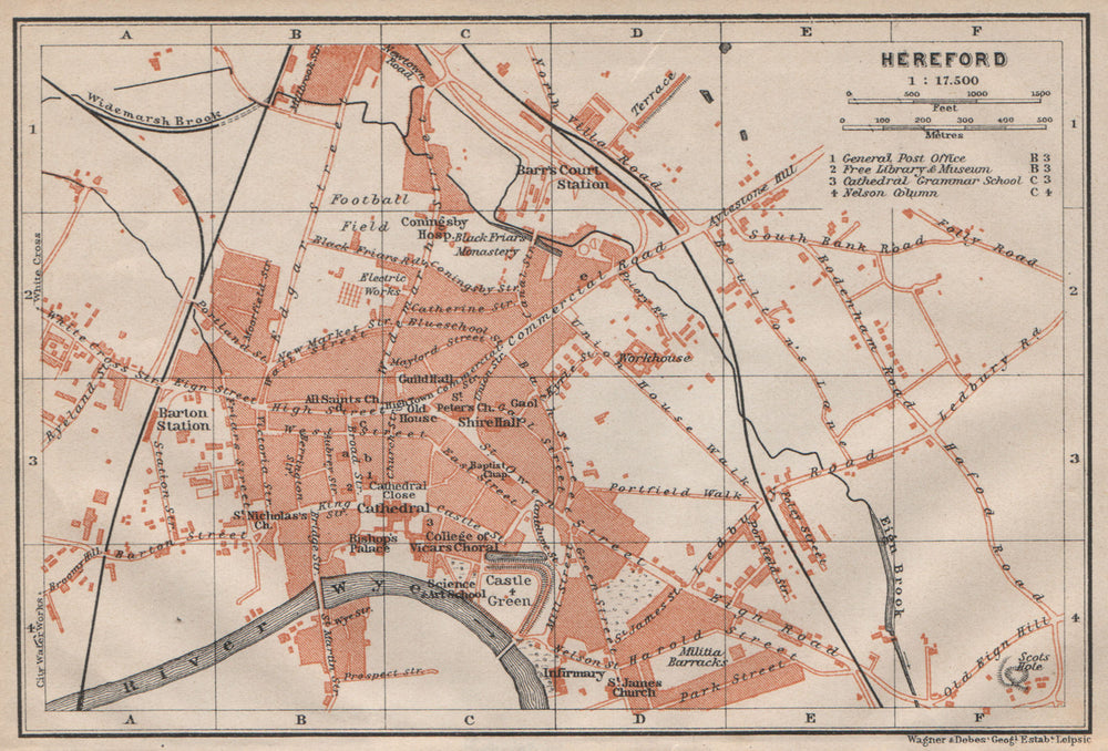 HEREFORD antique town city plan. Broomy Hill. Herefordshire. BAEDEKER 1906 map