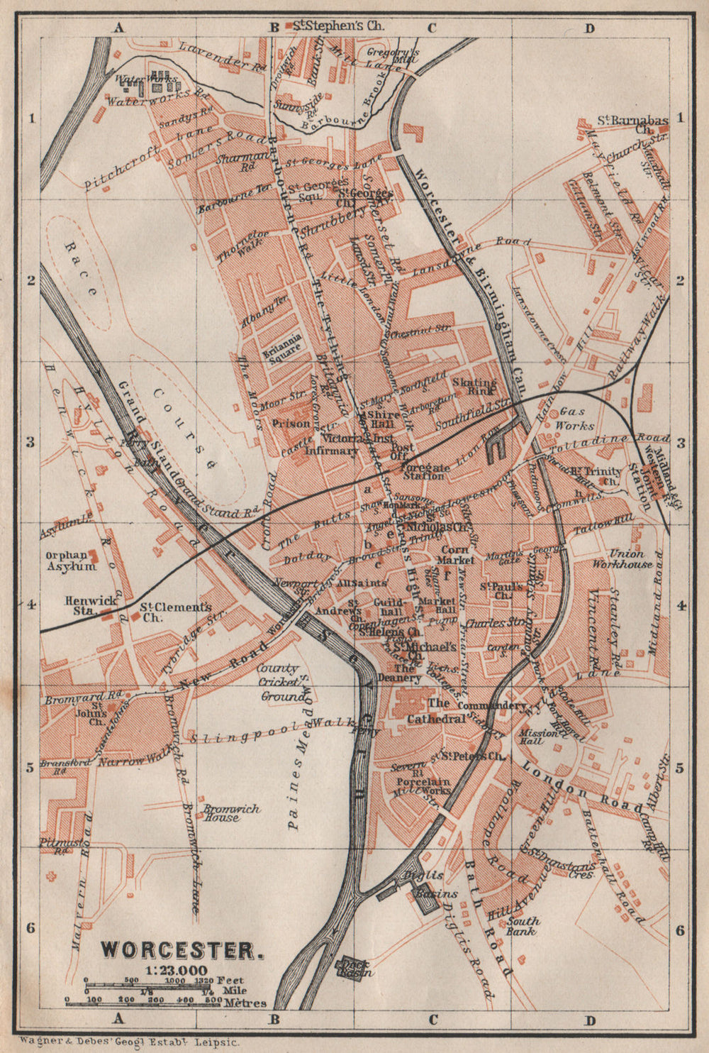 WORCESTER antique town city plan. St John's. Worcestershire. BAEDEKER 1906 map