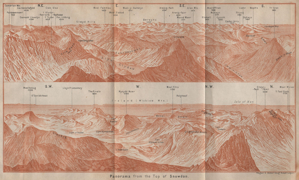 SNOWDON PANORAMA. Snowdonia Harlech Holyhead Isle of Man Ireland Wales 1906 map