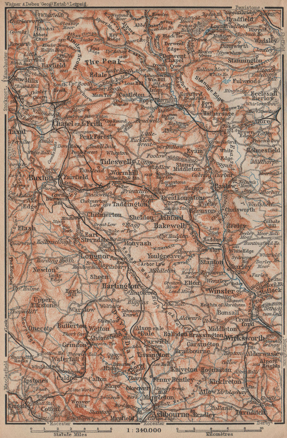 DERBYSHIRE PEAK DISTRICT. Buxton Ashbourne Bradfield Eyam Hathersage 1906 map