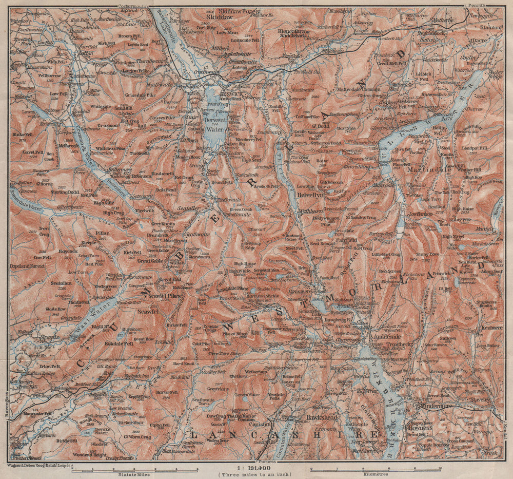 THE LAKE DISTRICT topo-map. Keswick Windermere Grasmere Ambleside 1906 old