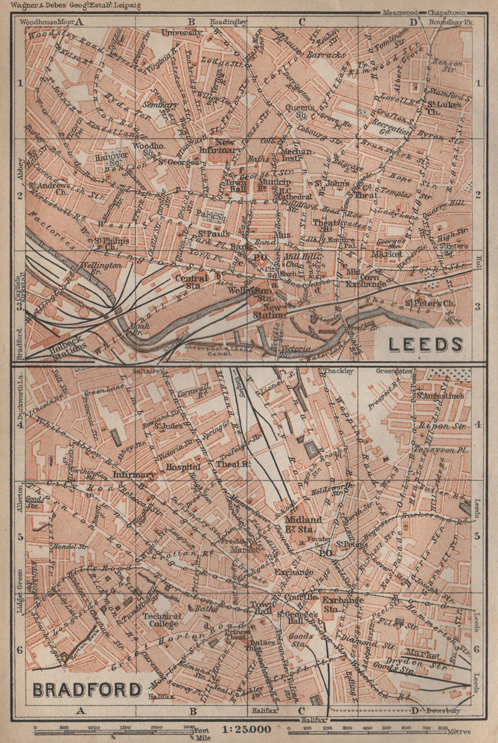 LEEDS & BRADFORD antique town city centre plans. Yorkshire. BAEDEKER 1906 map